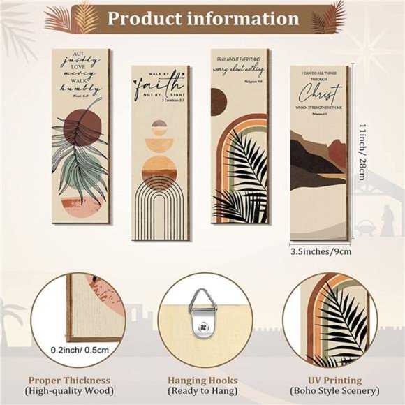 4 Pieces Bible Verses Wall Art Christian Boho Wall Decor Wooden Hanging Sign - Picture 2 of 6